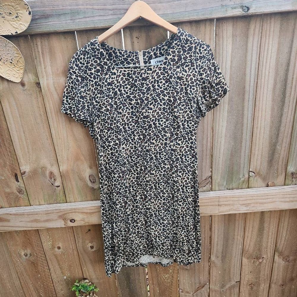 Vintage Leopard Print Dress V Neck Acetate / Rayon Women’s Medium Short Sleeve